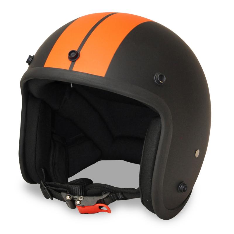 ALPHA SPEEDS ATELIER — Classic Racer | Jet Helm Matt Schwarz mit 2 Orange-Streifen