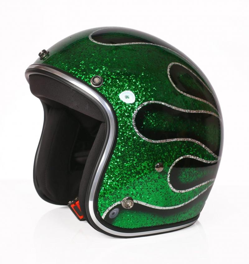 ALPHA SPEEDS Motorradhelm ATELIER — Blaze Emerald Flame, Metal-Super-Flake• Fiberglas • Blau
